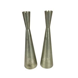 Selangor Pewter Pair Of Vintage Hand-Etched Candle Holders With Tropical Design